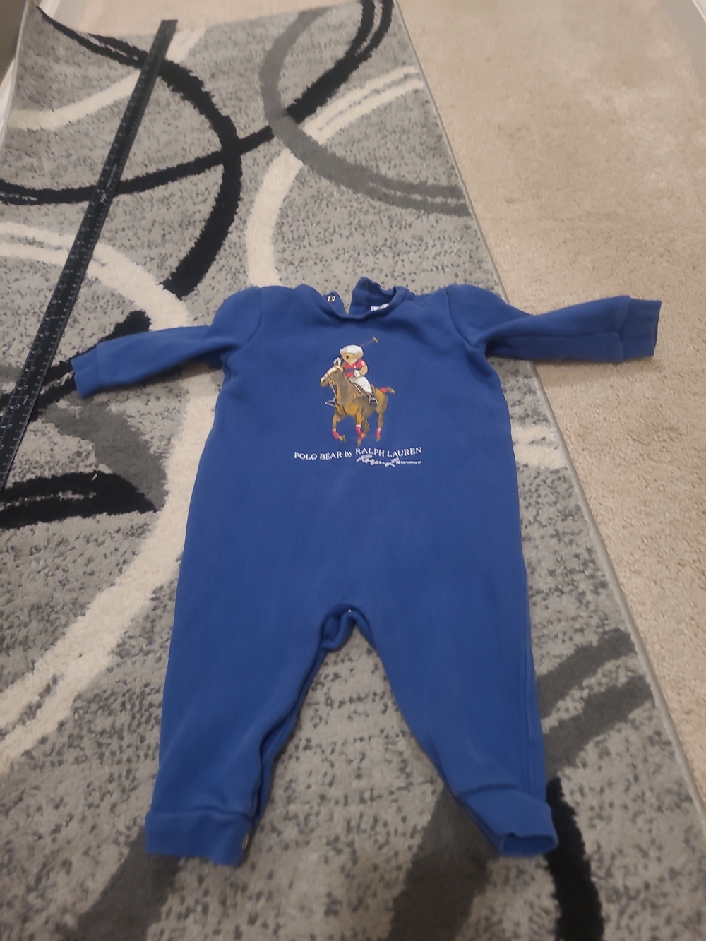 Ralph Lauren 9 Months Blue Polo Bear Sweatshirt Romper One Piece Outfit Jumpsuit